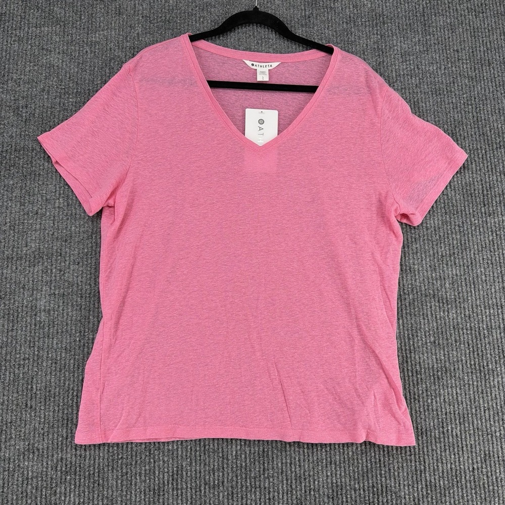 ATHLETA Pink Getaway Linen Blend V-Neck Tee Short Sleeve Minimalist Large